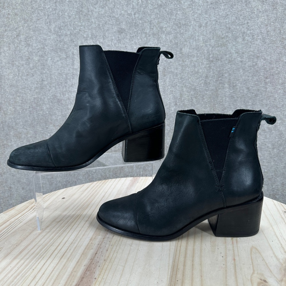 TOMS Esme Leather Ankle Boots Womens 9.5 Black Block Heel Chelsea Booties